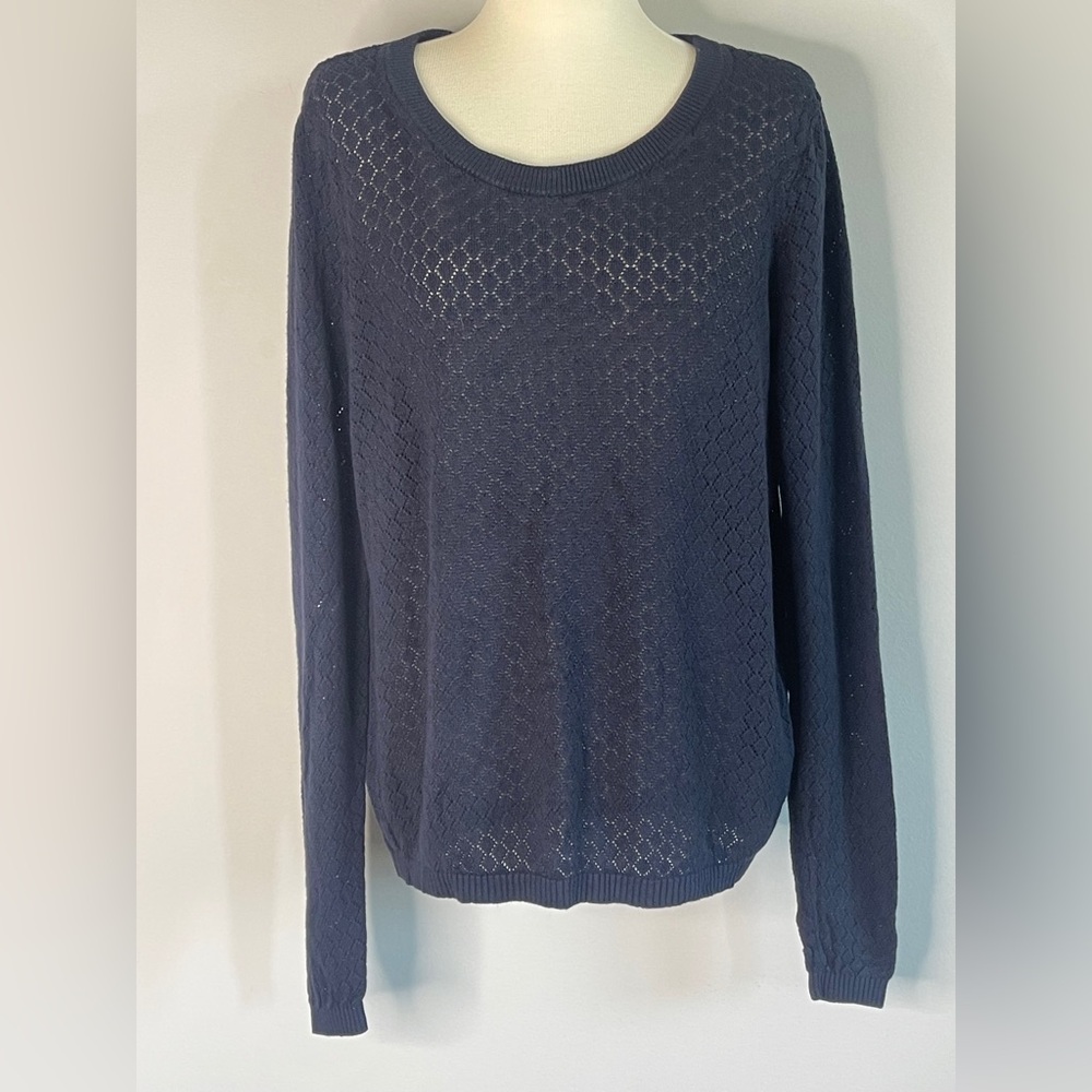 ICHI Ally LS Navy Blue Pointelle Knit Sweater - Size Medium - Picture 4 of 10